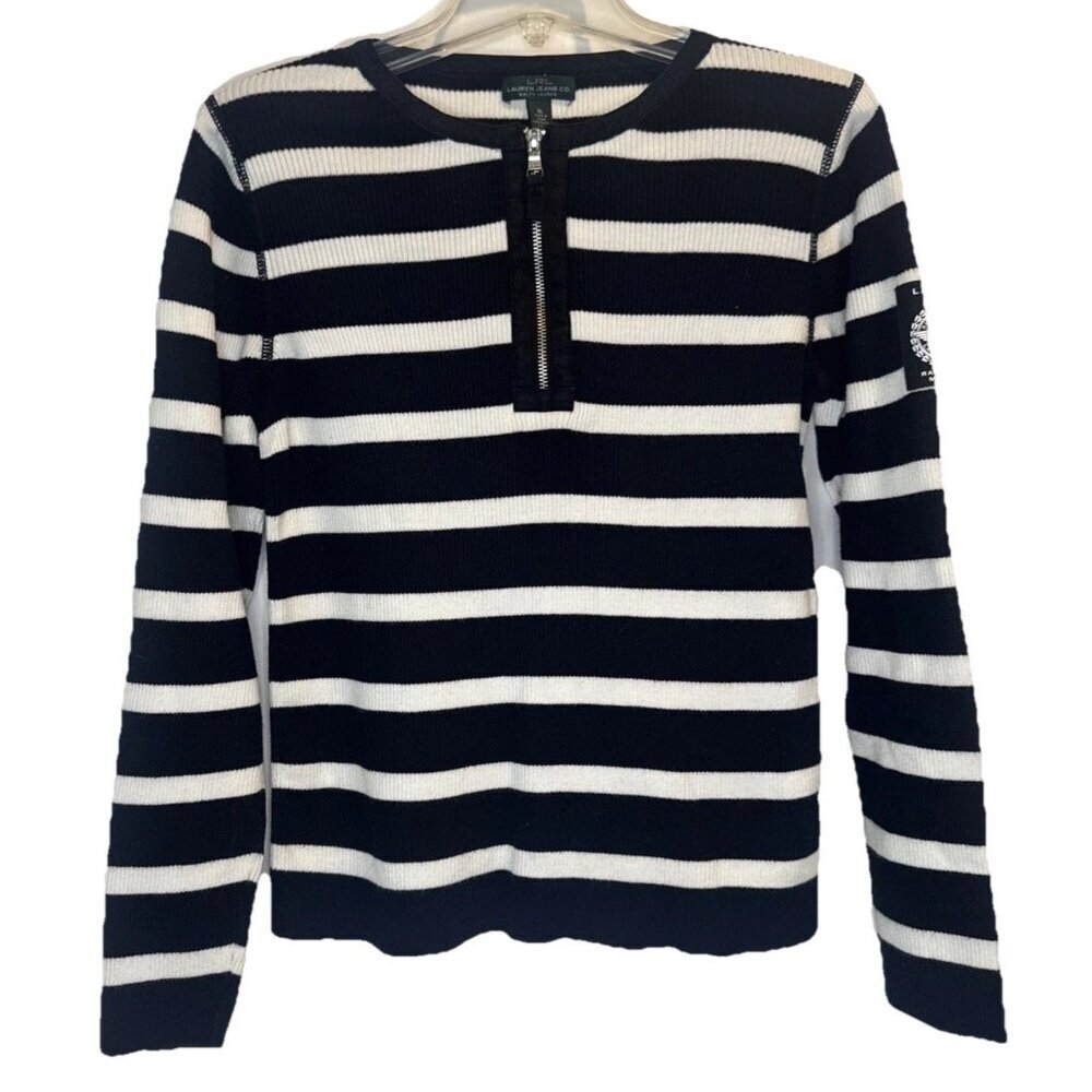 VTG LRL Ralph Lauren Black White Stripe 1/4 Zip Racing Team Patch Sweater Sz XL